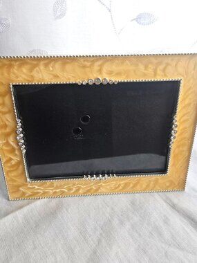 Vintage Yellow Enamel 4.5×6.5" Photo Frame French Country Cottagecore Rhinestone